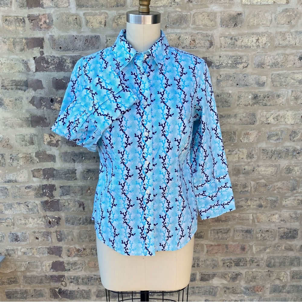 Talbots Petites size Small Turquoise & Navy Coral Pattern Pima Cotton Shirt
